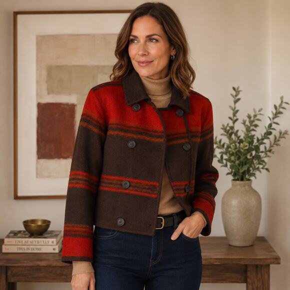 Talbots Jackets & Blazers - Talbots Petites SZ PS 100% Wool Brown Red Color Blocked Cropped Button Up Blazer